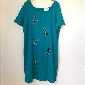 Linen Blend Lighthouse Beach Embroidery Teal Dress